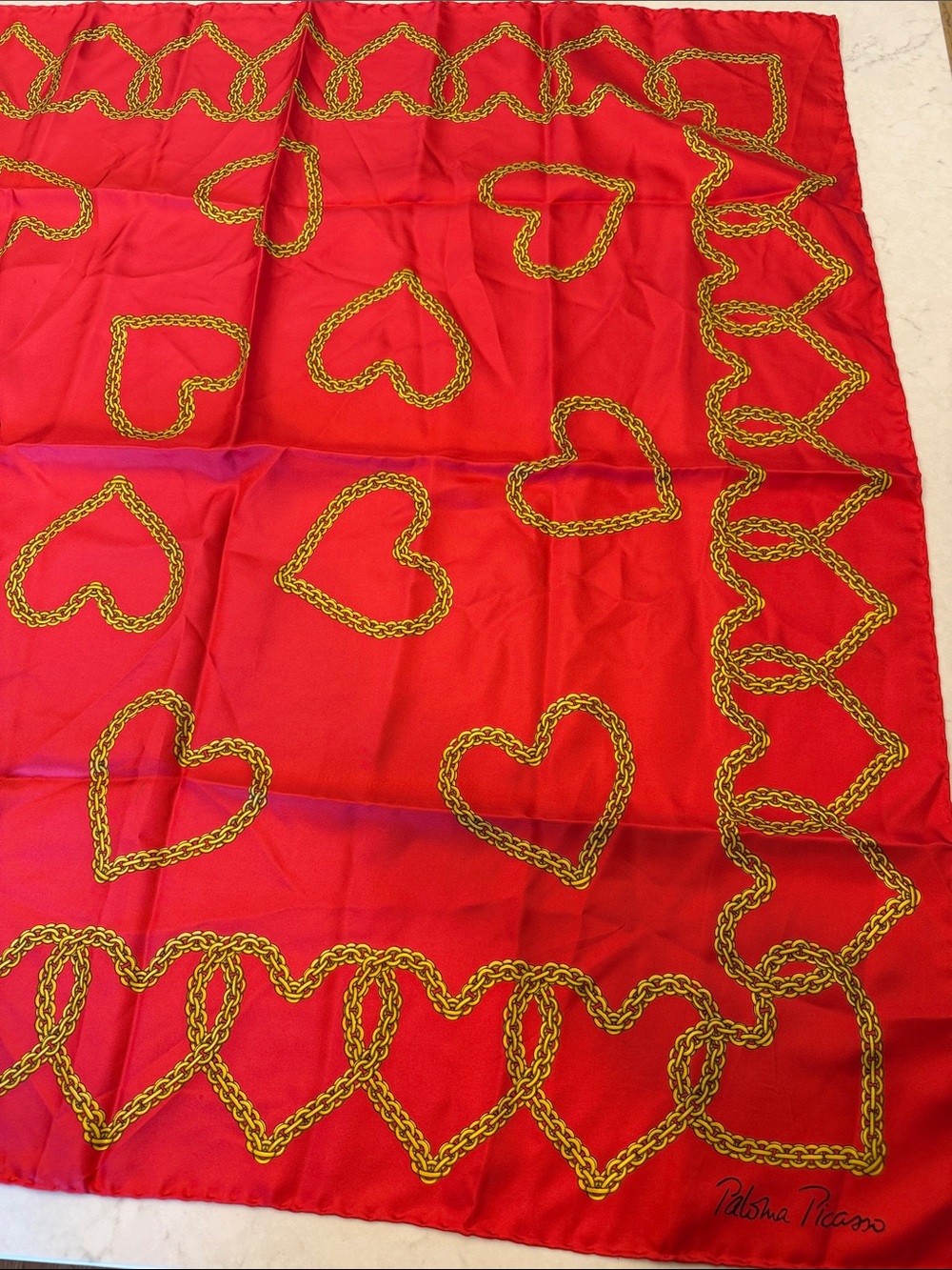 Vintage Paloma Picasso silk scarf Red with Gold Chain Hearts
